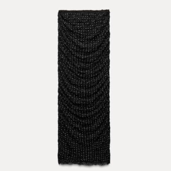 Zara Black & Silver Rhinestone Mesh Ruched Stretch Midi Skirt
